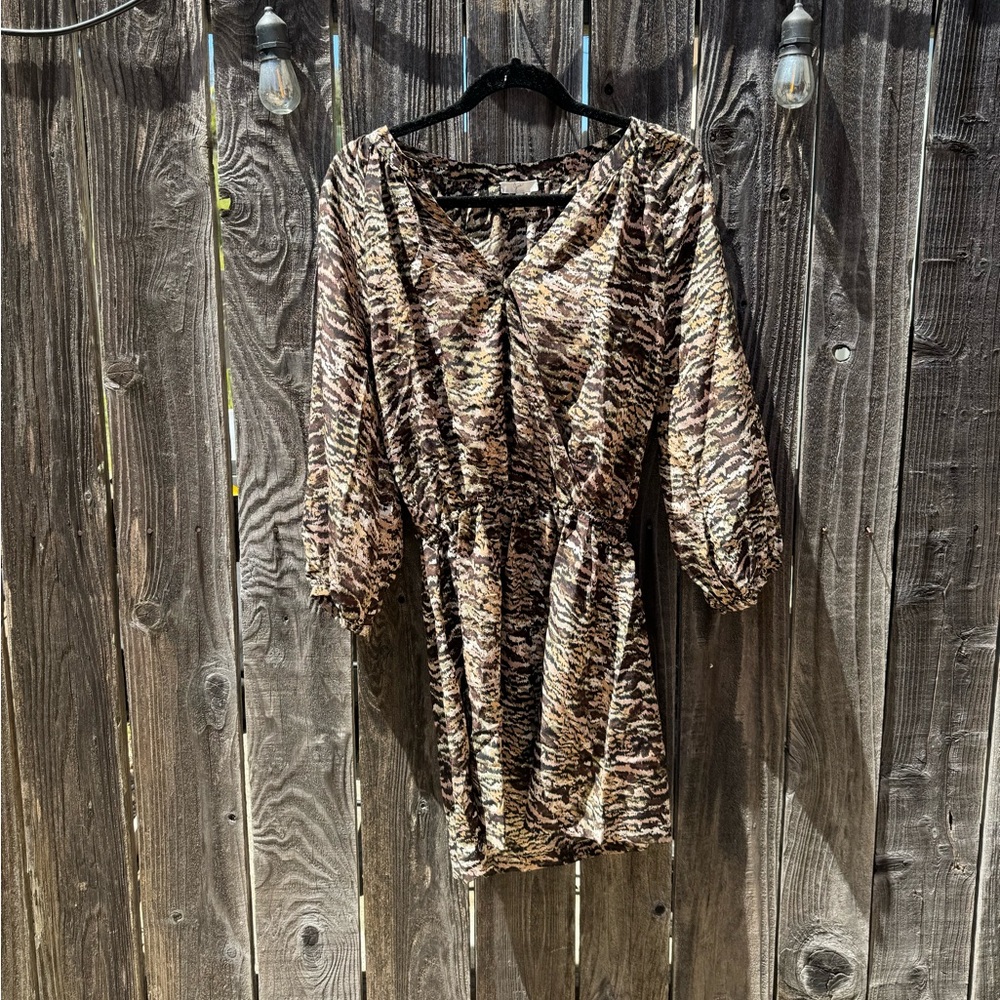 Joie Molly Black Brown Abstract Camo Silk Animal Print Long Sleeve Mini Dress Sm
